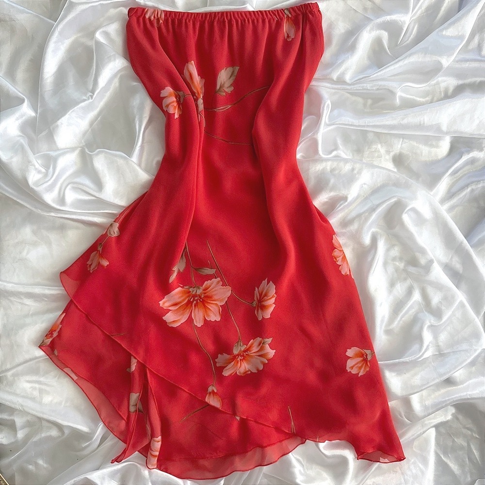 Red Floral Strapless Tiered Asymmetrical Ruffle Hem Tube Dress Size 8